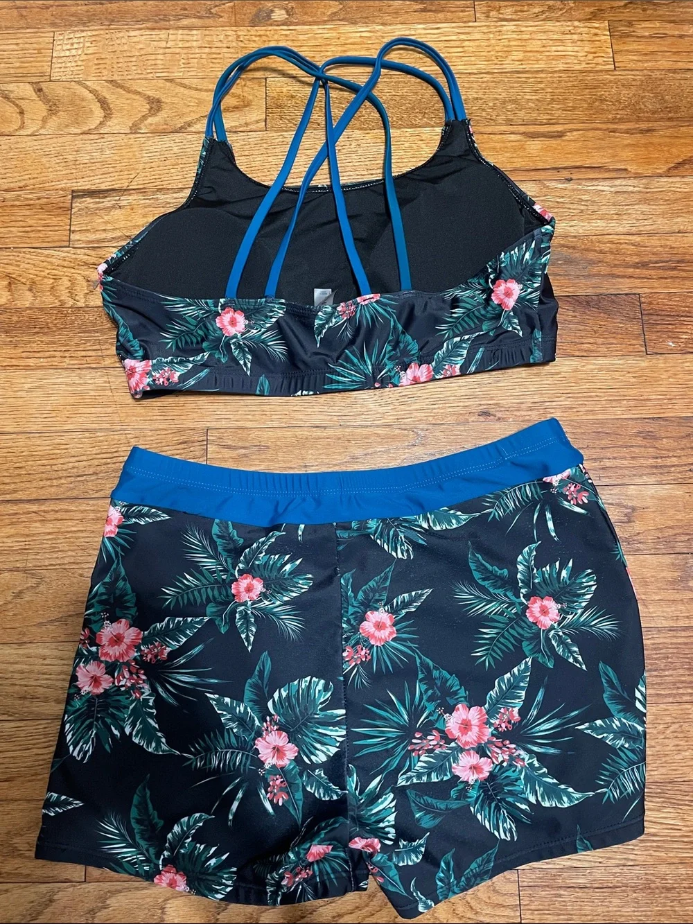 Floral Swim Top & Boyshorts Set in Black with Pink Floral
